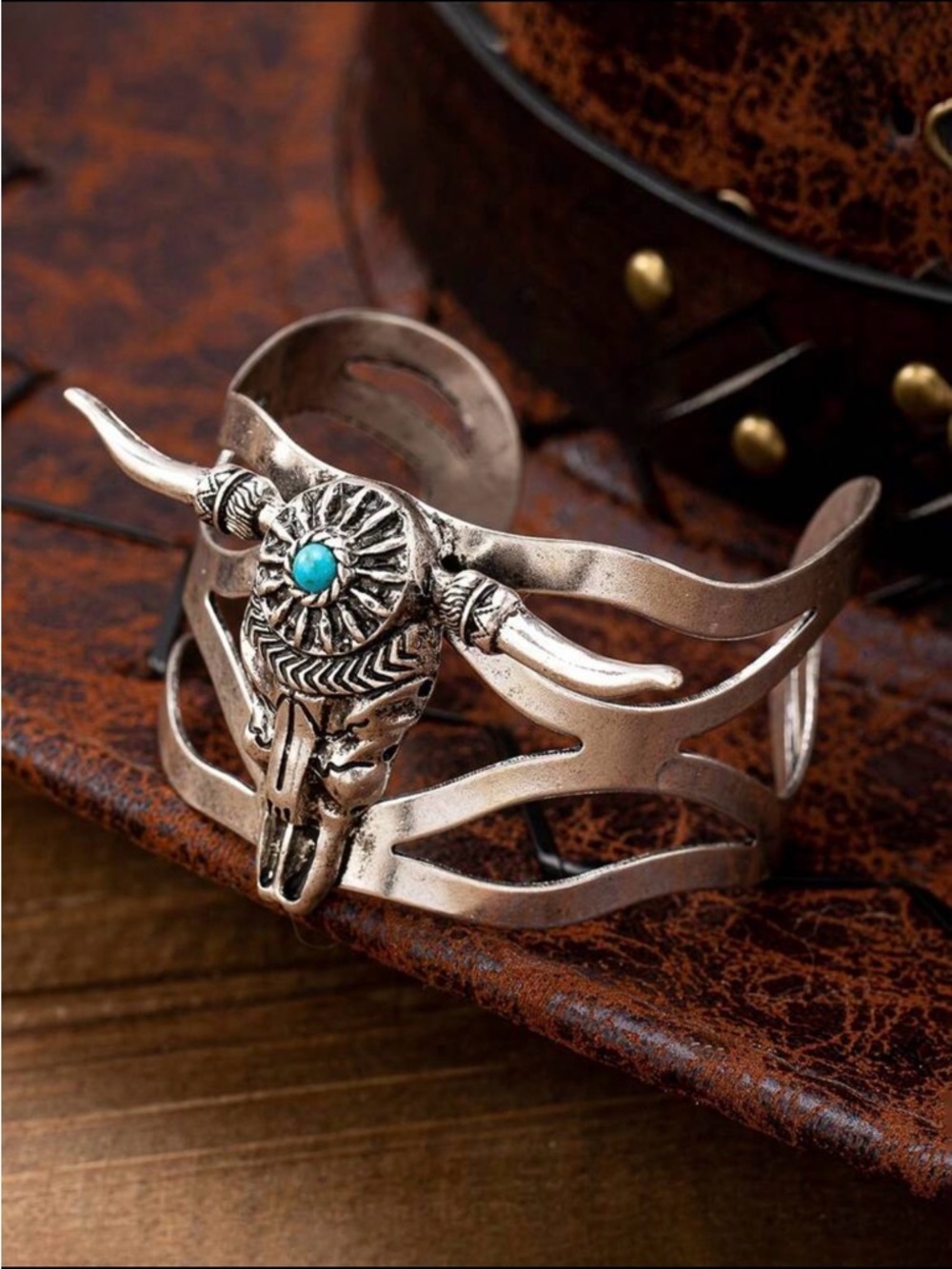 Turquoise Accent Silver Longhorn Cuff Bracelet